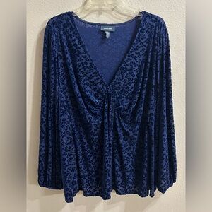 Modcloth Blouse Top Size 3X Blue Velvet Burnout Floral Peasant Style Feminine